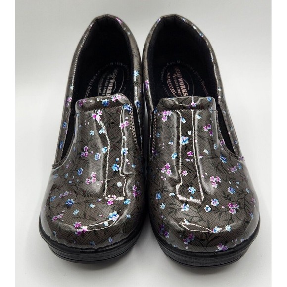 Easy Works By Easy Street Leeza Clogs Gray Blue Purple Floral Women's Size 9 M - Picture 2 of 10